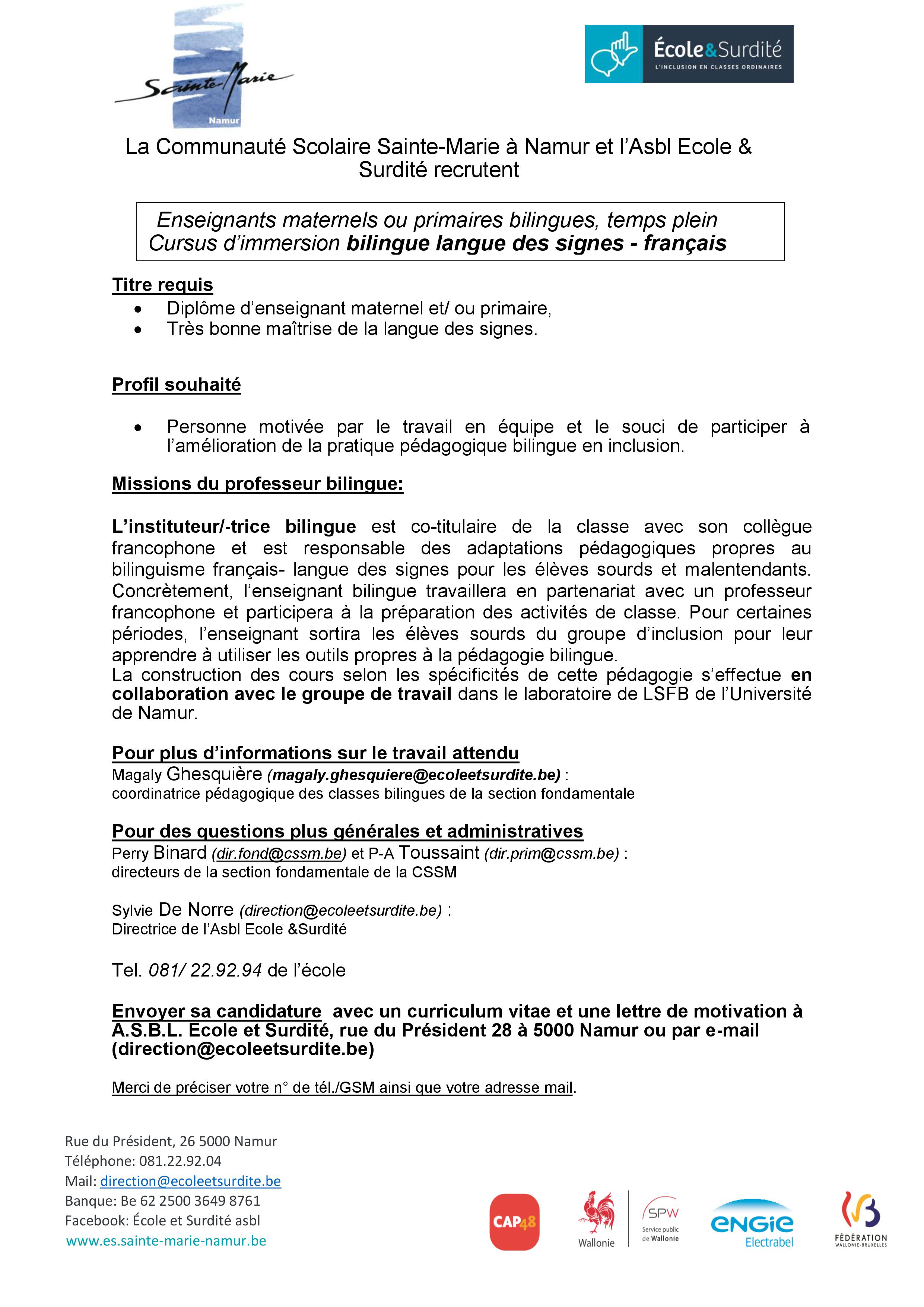 Offre d'emploi Enseignants maternels ou primaires bilingues, temps plein Ecole et surdité Offre d'emploi Enseignants maternels ou primaires bilingues, temps plein Ecole et surdité